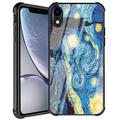 iPhone XR Case [Famous Paiting Series] Funny Cool Flowing Oil Painting Tempered Glass Base Cover and Soft Silicone Bumper Shock Absorption Anti-Slip Case for iPhone XR - Van Gogh's Starry Night
