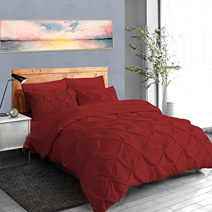 Soft Reliable Luxurious 3Pcs Pinch Pleated Duvet Cover Set Zipper Closer with Corner Ties King/Cal-King (94" x 104") Size, 100% Egyptian Cotton 800TC Stain Resistant & Hypoallergenic, Burgundy Solid