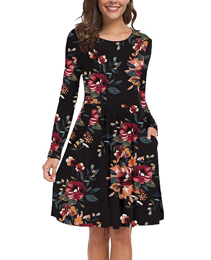 Kranda Women Short/Long Sleeve Round Neck Pleated Loose Swing Floral Midi Dress with Pockets