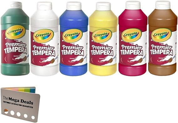 Crayola(R Premier Tempera Paint, Assorted, 16 oz., 6 per Set (Premier Tempera Primary Colors) Green,White,Blue,Yellow,Red,Brown