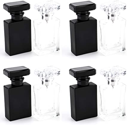 Foraineam 8 Pack 30ml / 1 oz. Refillable Perfume Bottle, Portable Square Empty Glass Perfume Atomizer Bottle with Spray Applicator, Transparent and Black Assorted