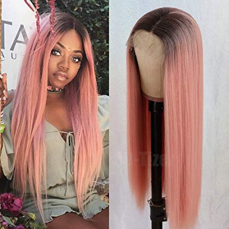 QD-Tizer Long Straight Hair Pink Color Lace Wig Ombre Hair Glueless Heat Resistant Synthetic Lace Front Wigs for Fashion Women
