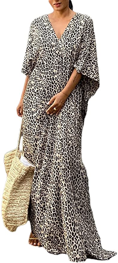 Bsubseach Women Loose Short Sleeve Swimwear Beach Caftan Dress Bathing Suit Cover Ups