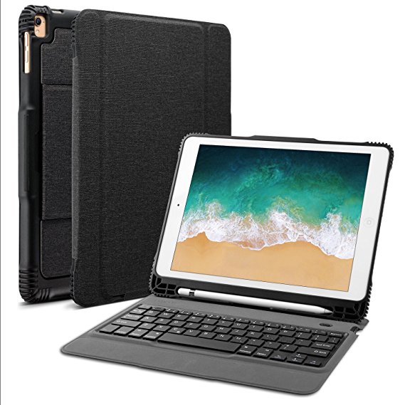 OMOTON Detachable Keyboard Case for New iPad 9.7” 2018&2017, iPad Pro 9.7, iPad Air / Air 2, Ultra-thin Bluetooth Keyboard Case with Built-in Stand and Pencil Holder, Lightweight, Black