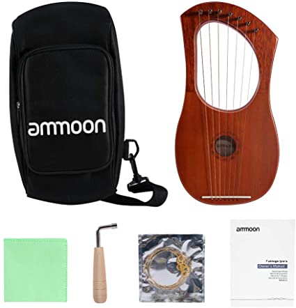 ammoon Lyre Harp 7 Metal String Mahogany Plywood Body String Instrument with Tuning Wrench and Carry Bag