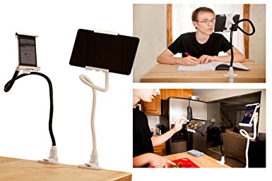 Universal Flexible Gooseneck Long Arm Tablet And Cellphone Holder Stand Bracket for Bed, Table with 360-degree Rotating Clip-on Clamp Mount Ipad Mini, Ipad Air, Samsung, Android Phone (Black,White)