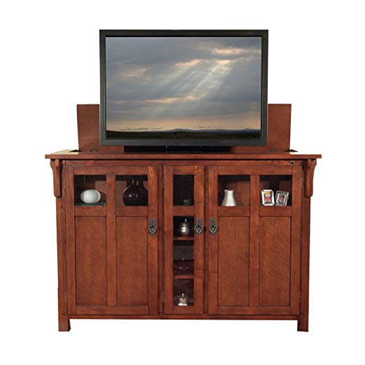 Touchstone 70062 - Bungalow TV Lift Cabinet (Chestnut Oak) - Up to 60 Inch TVs Diagonal (55 In Wide) - Mission Style Motorized TV Cabinet - Pop Up TV Cabinet With Memory Feature, IR/RF, 12V Trigger