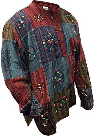 SHOPOHOLIC FASHION Stonewashed Stripe Shirt with Patchwork,Colorful,Hippie