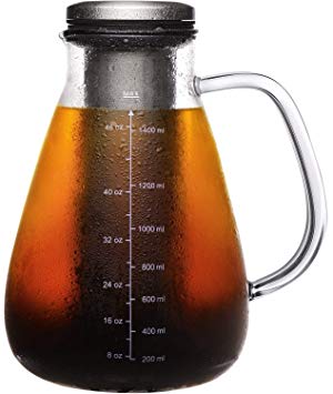 Veken Airtight Cold Brew Iced Coffee Maker & Iced Tea Maker -1.5L/51oz Glass Carafe with Removable Double Mesh Stainless Steel Filter, Includes Non-Slip Silicone Base and Sponge Brush