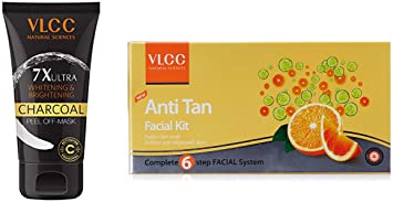 VLCC 7X Ultra Whitening and Brightening Charcoal Peel Off Mask, 100g And VLCC Anti Tan Single Facial Kit, 60g