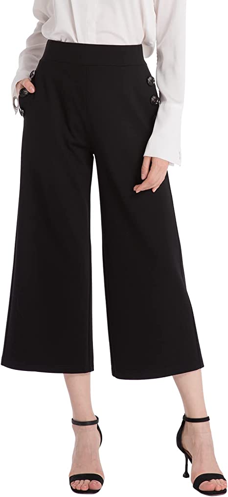 Ginasy Black Wide Leg Pants for Women Business Casual Dress Pants Stretch High Waist Crop Capris Culotte