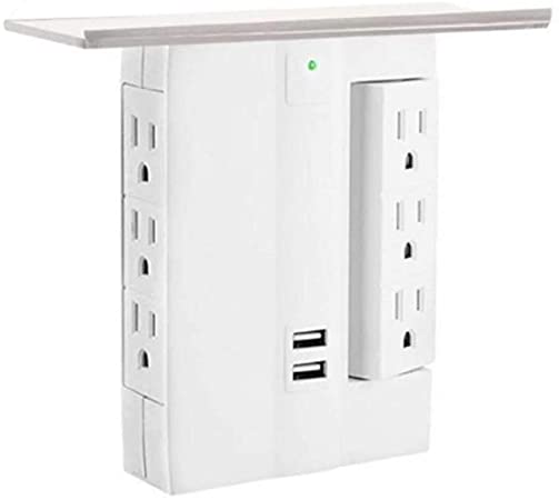 TEEWAL Switch Socket Rack, Rotate Outlet Shelf, 6 Electrical Outlet Extenders & 2 USB Charging Ports for Home Office Kitchen Bathroom Living Rooms etc