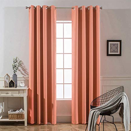 Yakamok Room Darkening Solid Blackout Curtains Grommet Top Thermal Insulated Curtain Panels for Bedroom/Living Room, 52" W x 84" L,Tie Backs Included (2 Panels, Coral)