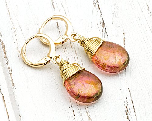 Rose pink bronze luster Czech glass wire-wrapped drop gold lever-back earrings
