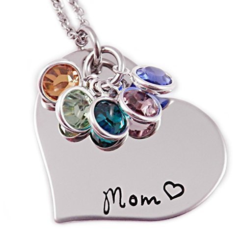 Birthstone Mom Heart Necklace - Hand Stamped Personalized Jewelry
