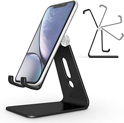 Adjustable Cell Phone Stand, OMOTON Aluminum Desktop Cellphone Stand with Anti-Slip Base and Convenient Charging Port, Fits All Smart Phones (Black)