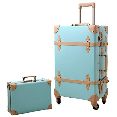 Travel Vintage Luggage Sets Cute Trolley Suitcases Set Lightweight Trunk Retro Style for Women Mint Green 20"