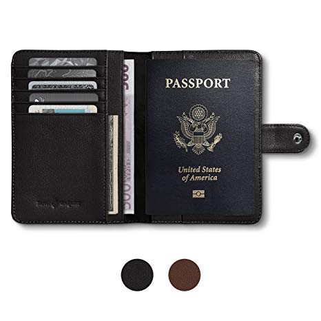 RFID Blocking Leather Travel Passport Holder With Snap, Bifold Wallet For Men And Women, Black or Brown