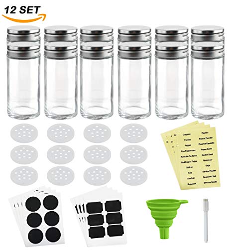 Nellam French Round Glass Spice Jars – Set of 12 with Shaker Lids and Chalkboard Sticker Labels, Small 4oz Bottles - Stackable Herbs and Spices Containers - Decorative Organizers in Silver