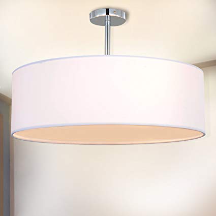 Ceiling Light, SPAKRSOR Modern Fabric Pendant Light Shade, Large White Drum Lampshade, Round Pendant Lamp, for Bedroom Living Room, Flush Chrome Matt, 3 bulb, E27