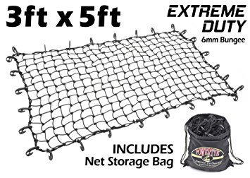 3ft x 5ft PowerTye Mfg EXTREME Duty 6mm Bungee Elastic Cargo Net with 28 Large Adjustable Hooks | Stretches to 60" x 90" | Includes Large Net Drawstring Storage Bag