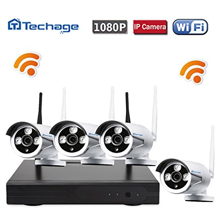 Techage Wifi Security System/ Wireless CCTV Camera System Outdoor/ Indoor, 4CH 1080P 2.0MP Waterproof IP Camera, 65ft Night Vision, Plug & Play, Home Security Surveillance Kits NO HDD