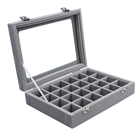 Pasutewel Velvet Glass Ring Jewellery Display Storage Box Jewelry Holder Storage Organizer Stand (Grey-(24 Grids))