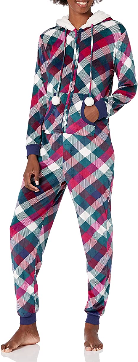 Amazon Brand - Mae Women's Sleepwear Microfleece Hooded Onesie Pajamas with Poms