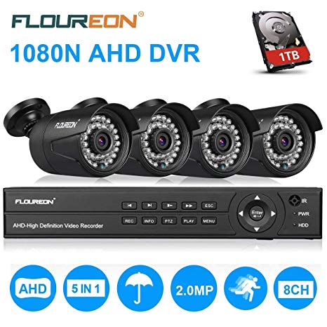 FLOUREON House Security Camera System 1080N DVR   4 Pack 2.0MP CMOS Lens CCTV Security Camera 3000TVL Night Vision Remote Access Motion Detection (8CH 1080N AHD 3000TVL 1 TB HDD)