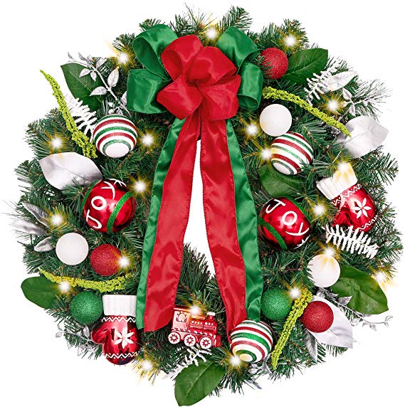 Valery Madelyn Pre-Lit 30 Inch Classic Collection Splendor Christmas Wreath for Front Door with Artificial Greenery Eucalypti Leaves, Ball Ornaments and Berries, Battery Operated 40 LED Lights