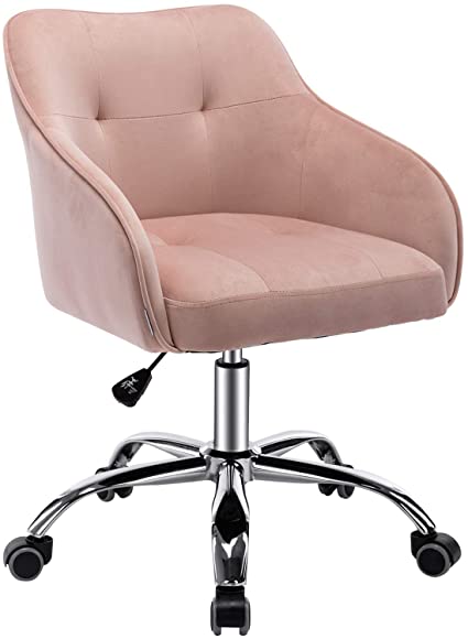 Velvet Desk Chair for Home Office, Soft Height Adjustable 360°Swivel Computer Chair, Upholstered Guest Chair with Armrest and Wheels for Living Room/Study Room/Bedroom (Pink)