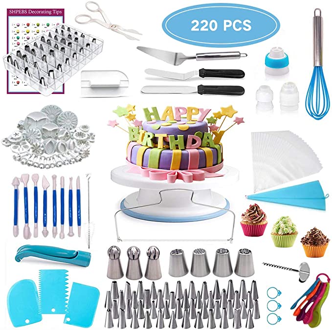 Cake Decorating Supplies,220pcs Baking Supplies Accessories With Cake Rotating Turntable,48 Piping Icing Tips,2 Icing Spatula,4 Russian Tips,1 Whisk,Cupcake Decorating Kit