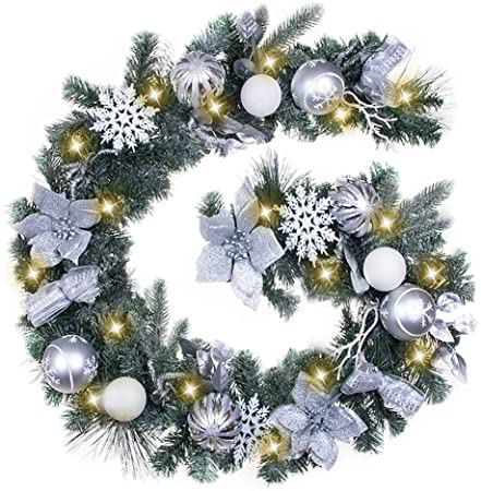TFWell Artificial Christmas Garland with Lights, Pre-Lit 75 Inch Silver White Christmas Garland with Berries, Christmas Ball Ornaments, Flowers and Bows, Battery Operated 20 LED Lights