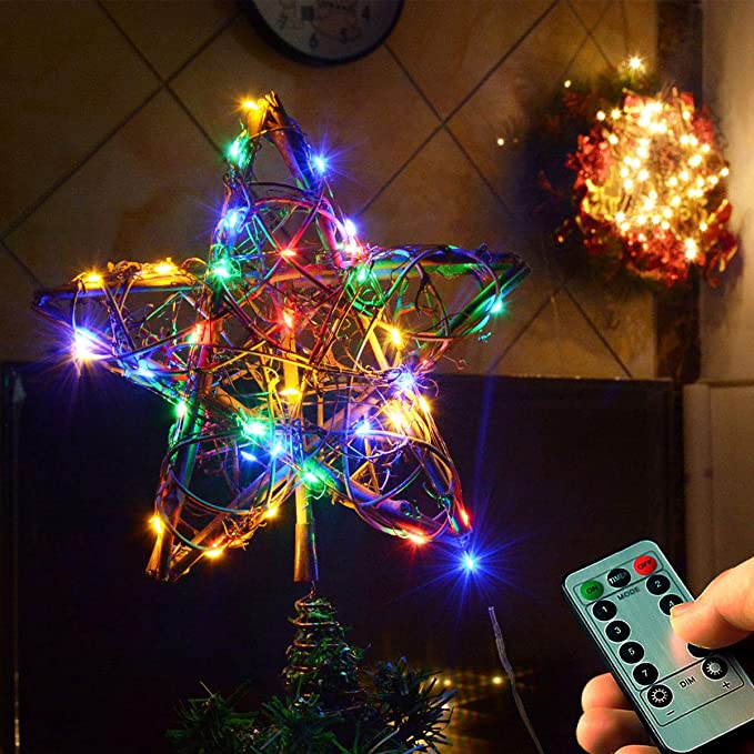 kingleder Rattan Star Christmas Tree Toppers with 50 LED Multi-Color Lights,Lighted Rustic Christmas Tree Topper for Christmas Decorations