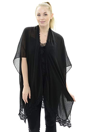 BYOS Womens Soft Sheer Open Front Long Kimono Shawl Warp With Lace Trim In Solid Color