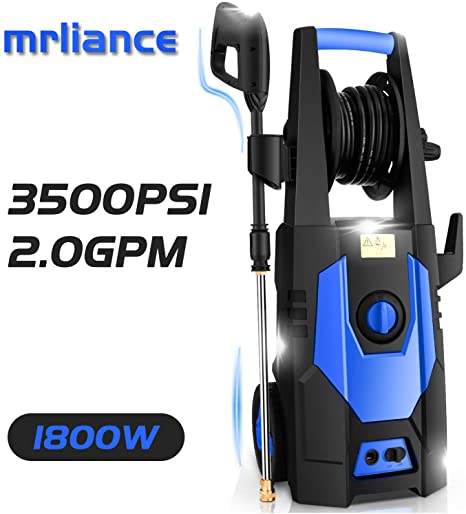 mrliance 3500PSI Electric Pressure Washer 2.0GPM Power Washer 1800W High Pressure Washer Cleaner Machine with Spray Gun, Hose Reel, Brush, and 4 Adjustable Nozzles (Blue)