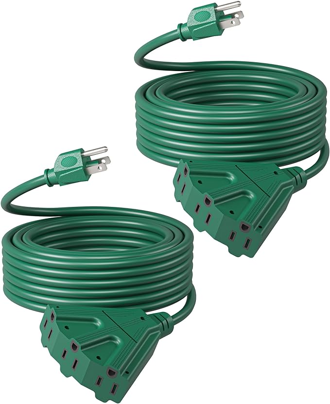 DEWENWILS 25 FT Green Outdoor Tri-Tap Extension Cord Splitter, Weatherproof 16/3 SJTW Power Cable for Holiday Decoration and Landscaping Lights, UL Listed, Pack of 2