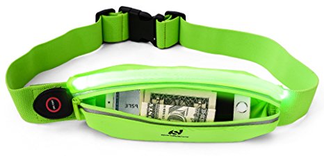 Sport2People Reflective Running Belt Pouch - USB Rechargeable LED Light for Best Visibility and Safety - iPhone 6 Plus, Phone, Key Holder for Runners - Waist Fanny Pack - Walking & Cycling Accessories