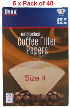 Pack of 200 Brown Coffee Filter Papers Size Four (4 or 1x4) suitable for coffee filter machines and cones.