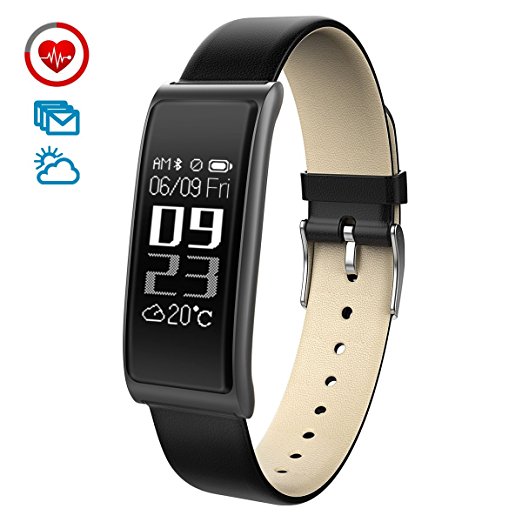 CHEREEKI Fitness Tracker Heart Rate Monitor 0.96’’ Full Touch Screen Activity Tracker with Leather Strap Metal Frame Business Smart Bracelet with Sleep Monitor Message Push Caller ID Smart Watch for Android and iPhone iOS Smartphone