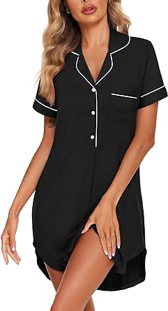 Ekouaer Women's Nightgown Button Down Nightshirt V Neck Sleepshirt Short Sleeve Sleepwear Soft Pajama Dress