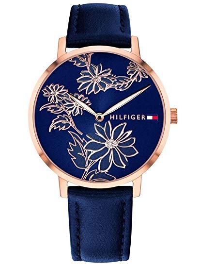 Tommy Hilfiger Women's Gold Quartz Watch with Leather Calfskin Strap, Blue, 16 (Model: 1781918)