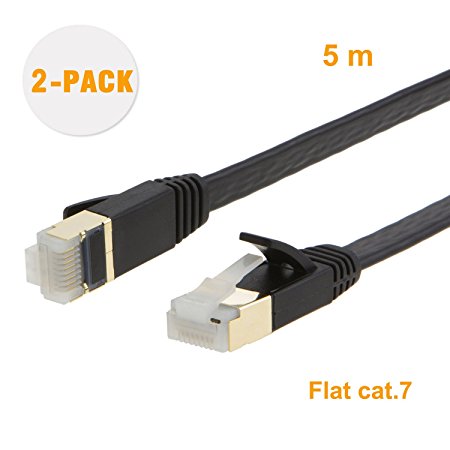 CableCreation (2-PACK) Flat Lan Cable CAT7(Category 7) Shielded Ethernet Patch Cable, 50U”Gold Plated Contact,SSTP Network Cable Up to 10 Gigabit, Band Width:600MHZ ,16ft/5m, Black