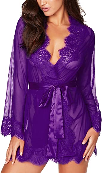 RSLOVE Women's Lace Kimono Robe Sexy Babydoll Lingerie Mesh Nightgown Cover Up