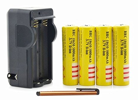 ON THE WAY®Li-ion Battery 4Pcs Yellow 3.7V 18650 5000mah Rechargeable Battery with Battery Charger FreeTouch Screen Pen for Flashlight Torch Laser Pen