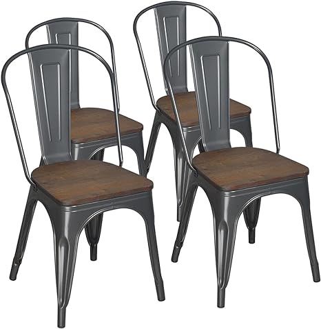 Metal Dining Chairs Farmhouse Stackable Gunmetal Grey Set of 4 with Wood Seat High Back for Dining Room Kitchen Cafe, Gray