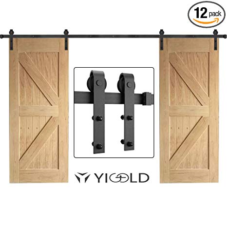 YIGOLD 12-ft Double Door 12FT Sliding Hardware Kit for Barn Carbon Steel-Ultra Smoothly and Quietly Design-Easy Installation-Fit Wide Panel-(J Shape Hanger, DoorBlack), Black