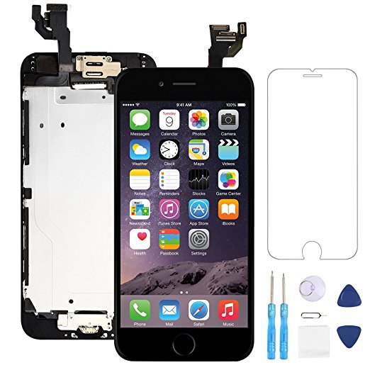 Screen Replacement for iphone 6 Black 4.7" LCD Display Touch Digitizer Frame Assembly Full Repair Kit, with Home Button, Proximity Sensor, Ear Speaker, Front Camera, Screen Protector, Repair Tools