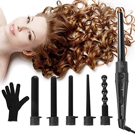 6 in 1 Hair Curling Wand and Curling Iron Set with 6 Interchangeable Ceramic Barrels and Heat Resistant Glove(Black), 0.35-1 1/4 Inch Hair Curler for Mother's Day Gifts By Duomishu