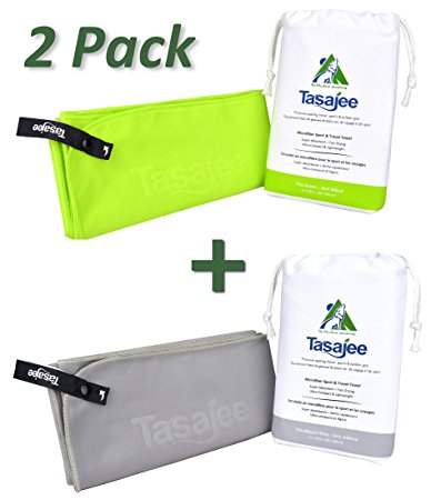 Premium Microfiber Travel & Sports Towel 2 Pack by Tasajee. Fast Drying, Super Absorbent, Ultra-compact, Lint-free, Durable. Soft Suede Finish with large Clip-open Hanging Loop.